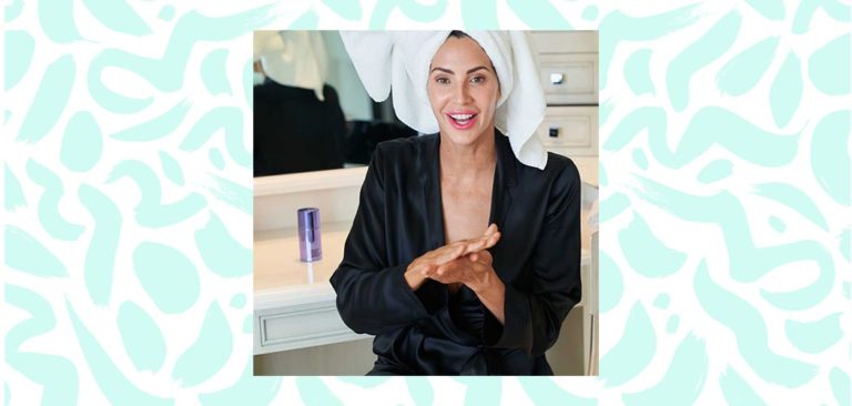 Hope Smith wears a robe and towel and demonstrates her skincare routine with MUTHA products