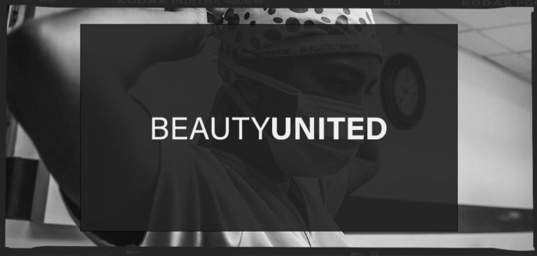 BeautyUnited’s logo appears over an image of a frontline medical worker applying a medical mask
