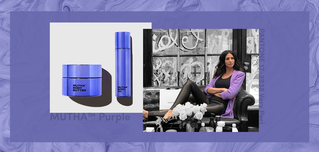 Hope Dworaczyk Smith poses in a purple cardigan and black pants beside a picture of two MUTHA™ skincare products, also in purple