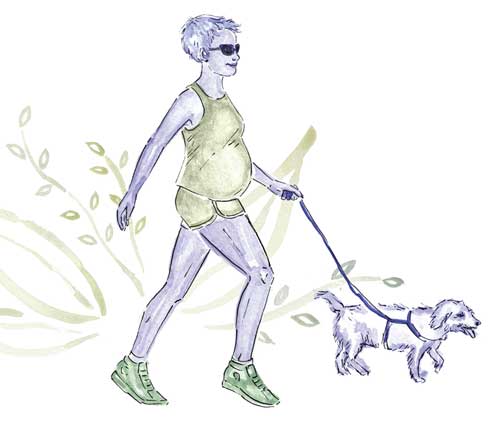 Illustration of a pregnant woman walking a dog