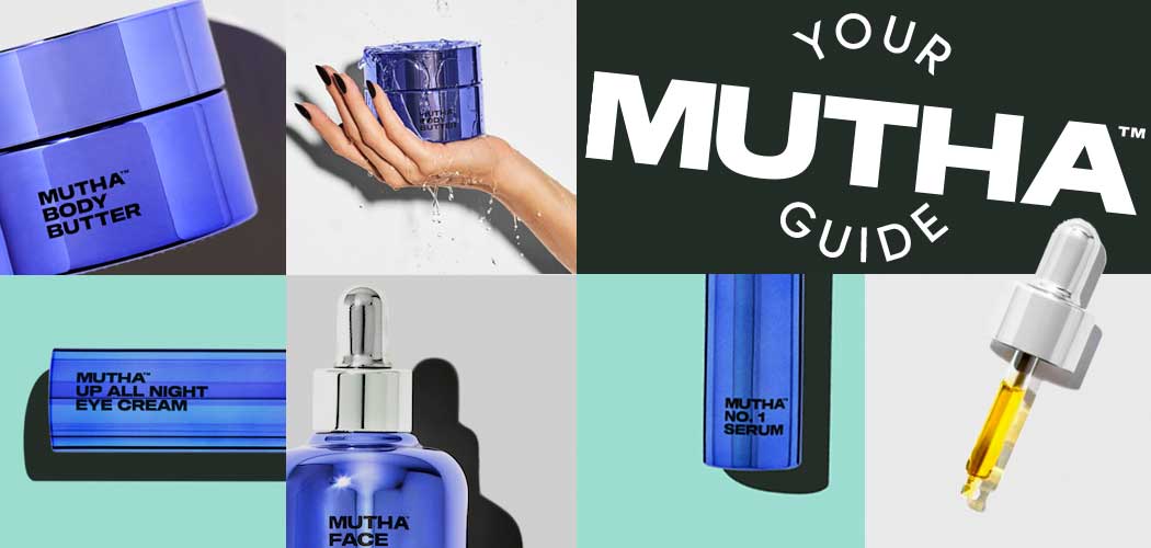 An array of different MUTHA™ skin care products arranged in a square with text