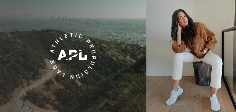 Hope Dworaczyk Smith wearing a pair of white APLs with the APL logo to her left.