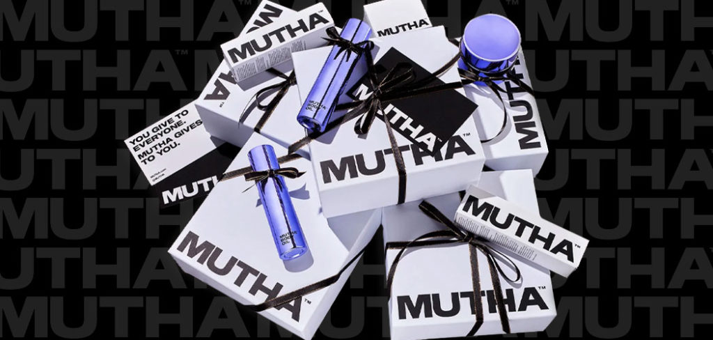 Boxes of MUTHA products sit against a black background.