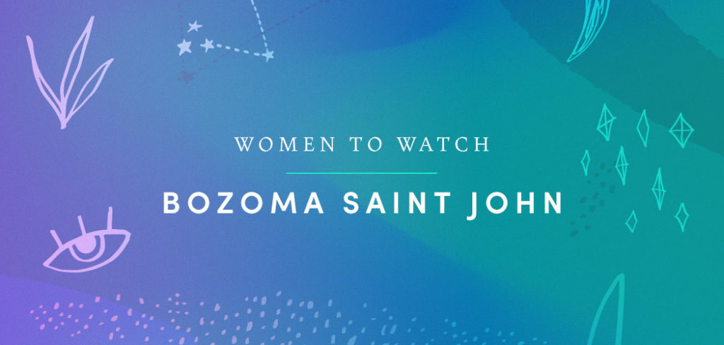 A turquoise and purple graphic banner with white text that reads “Women to Watch: Bozoma Saint John” in the center.