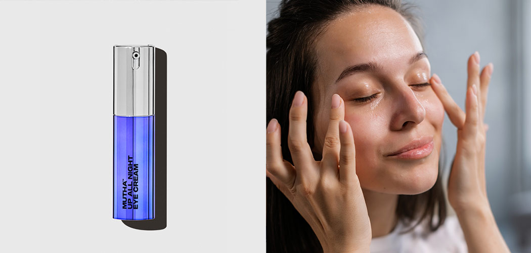 The left side of the image features the MUTHA Up All Night Eye Cream. The right side shows a woman with brown hair applying eye cream to her outer eye area with her fingertips.