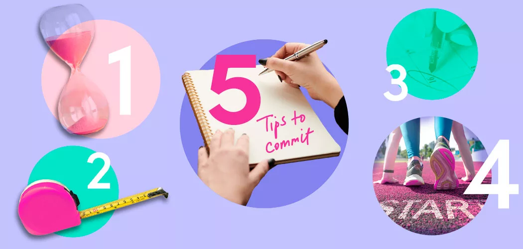 A graphic with 5 images representing the five tips to commit to New Year Resolutions over a purple background.